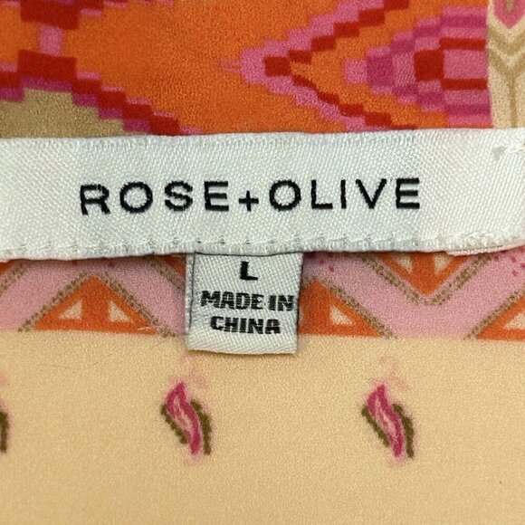 Rose+Olive Top Womens Large Cropped Boxy Aztec Floral Orange Pink Button Up - Picture 3 of 10